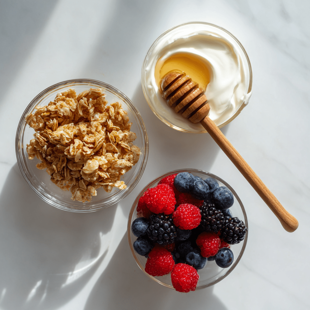 Ingredients for Greek yogurt with gluten free granola and honey