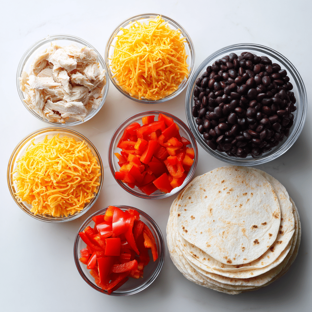 Gluten-free tortilla quesadilla ingredients including cheese, peppers, beans, and chicken