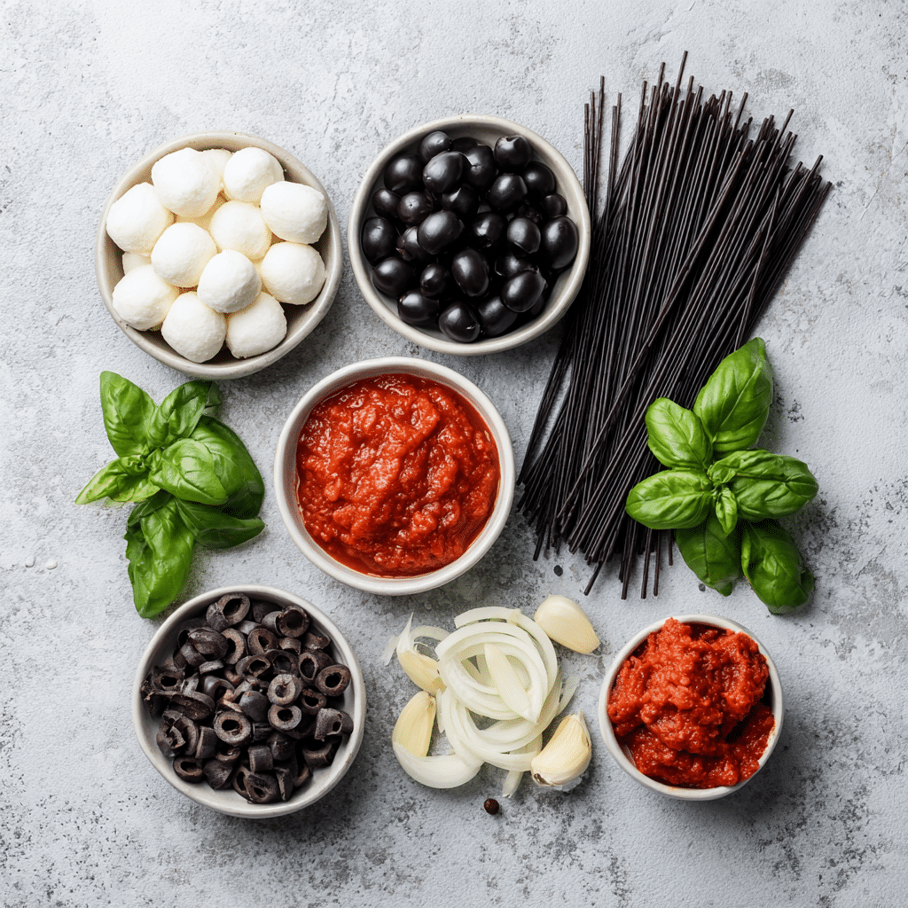 Ingredients for Creepy Crawly Pasta laid out on a stone surface