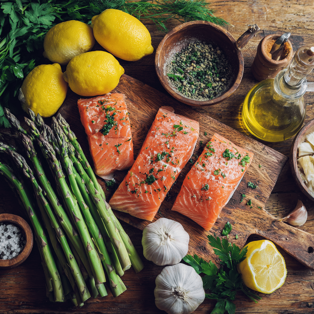 Ingredients for one-pan lemon herb salmon with asparagus
