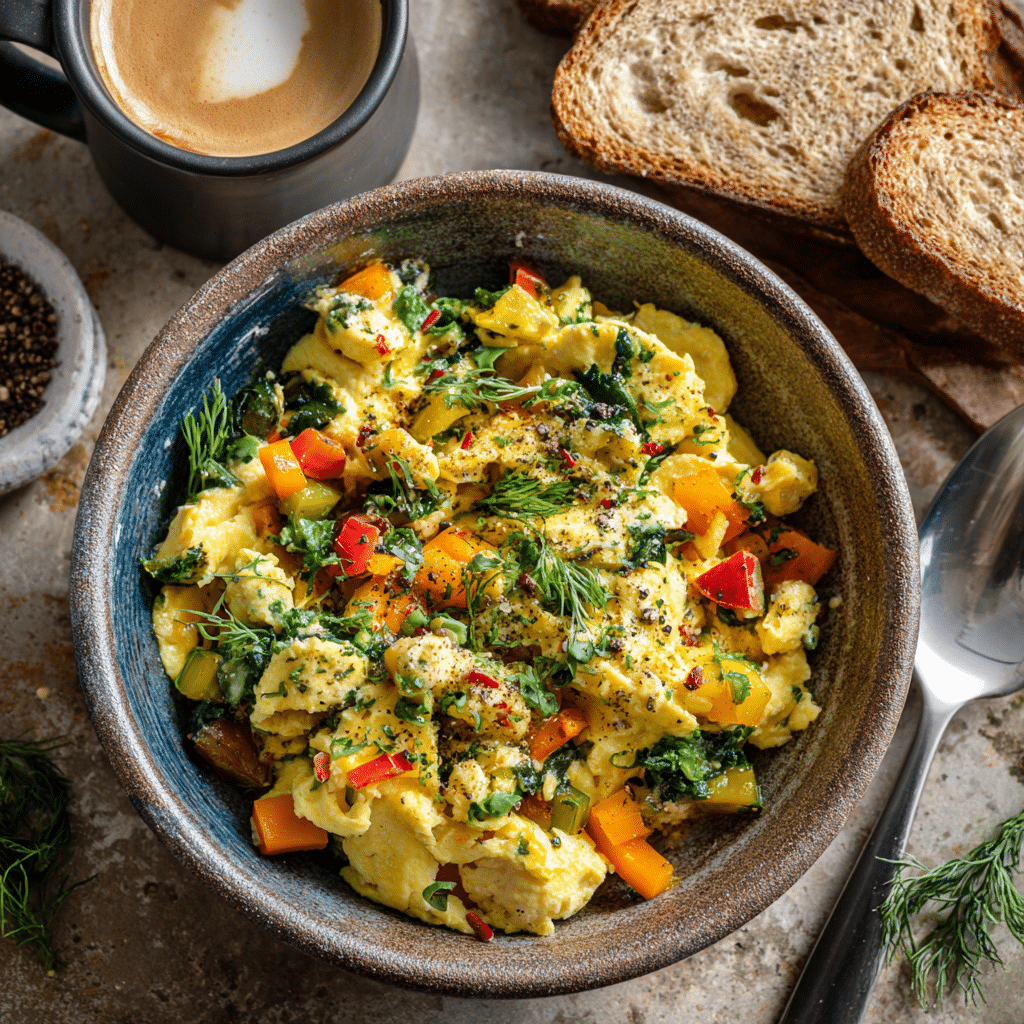 Served microwave gluten free scrambled eggs with veggies