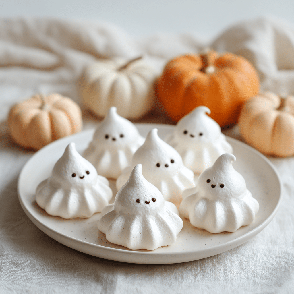 Ghost Meringues on White Plate with Halloween Decor