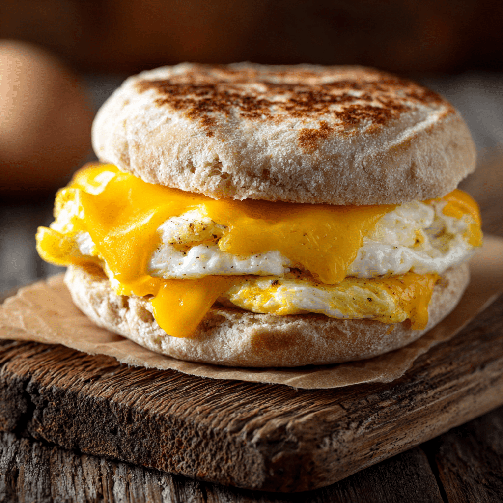 Gluten free egg and cheese breakfast sandwich on wooden table