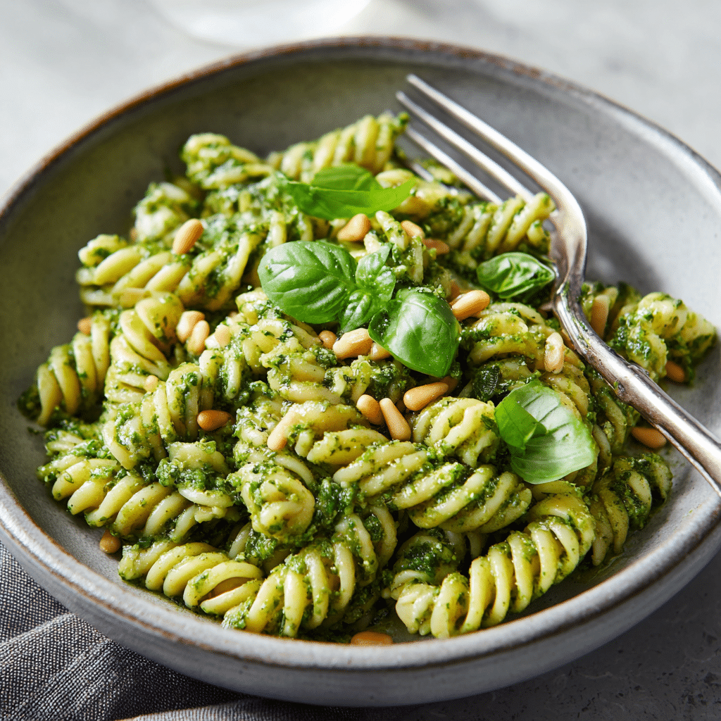 Serving gluten-free pesto pasta with cherry tomatoes
