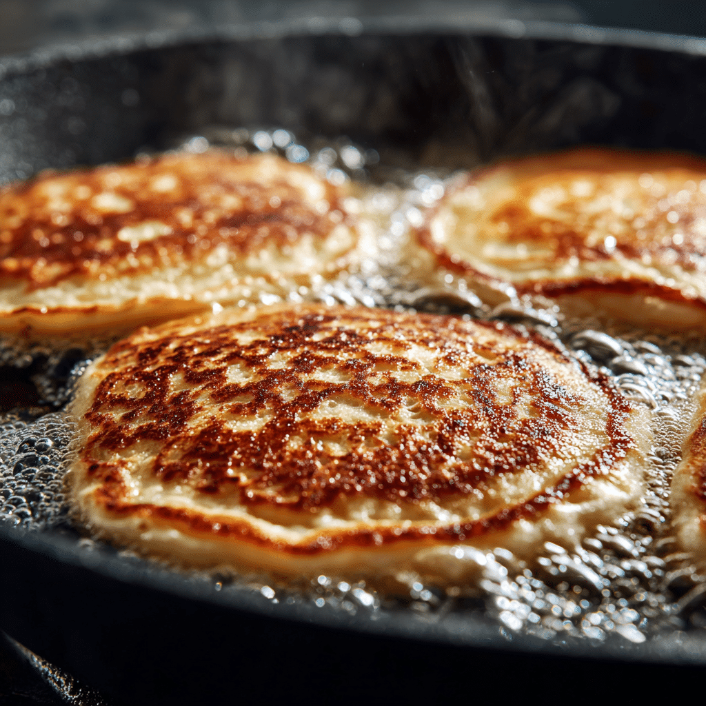Gluten-free banana cottage cheese pancakes cooking in pan