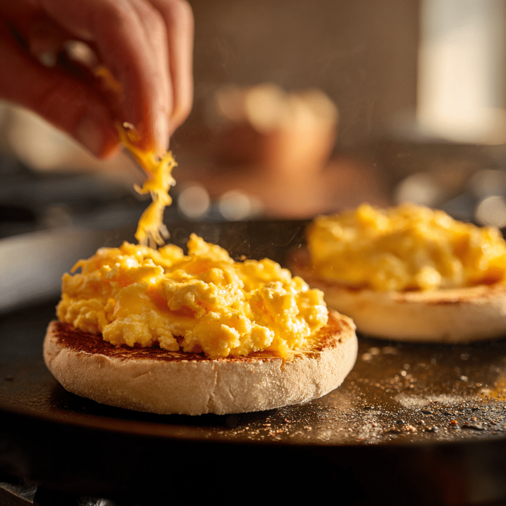 Assembling a gluten free egg and cheese breakfast sandwich