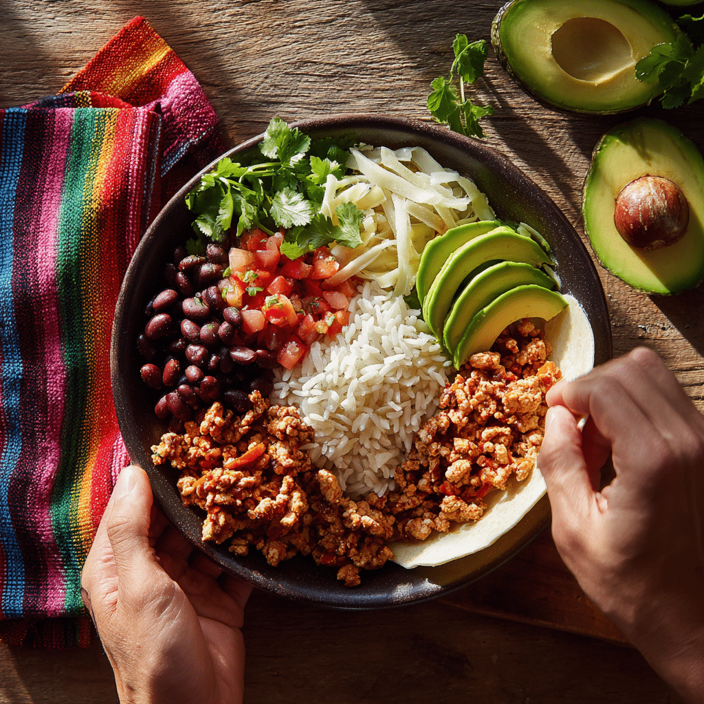assembling gluten-free taco bowl with toppings