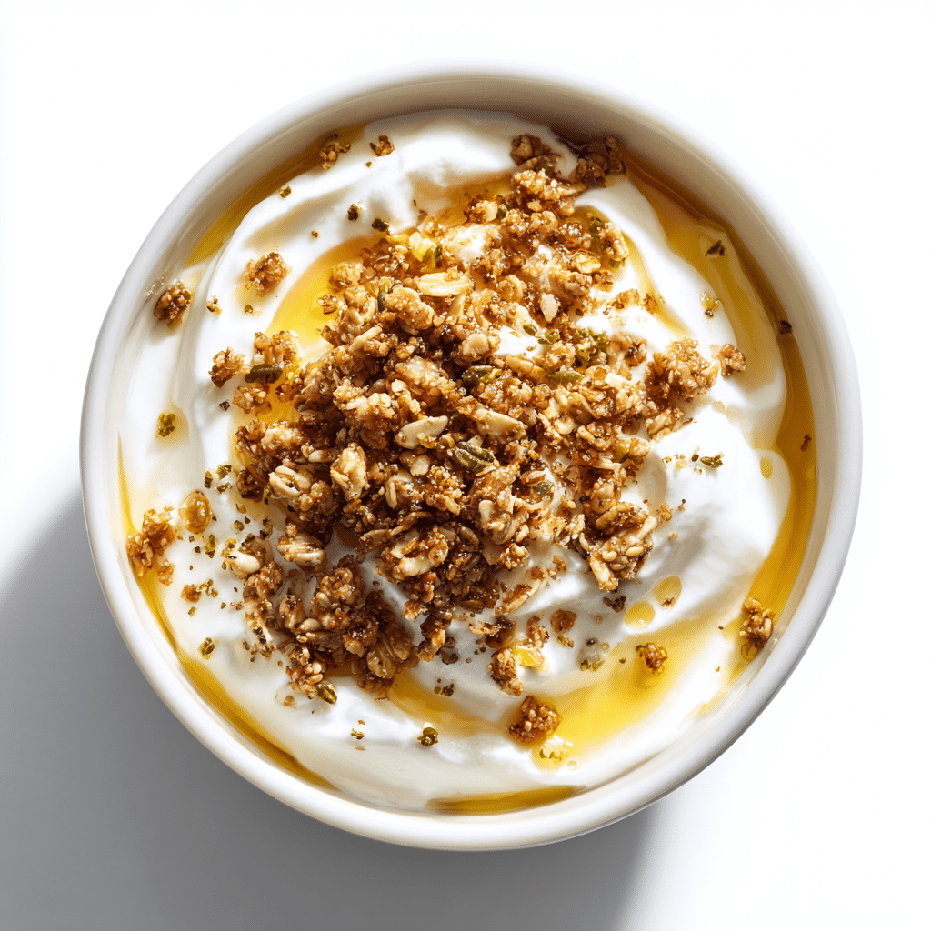 Greek yogurt with gluten free granola and honey in a bowl