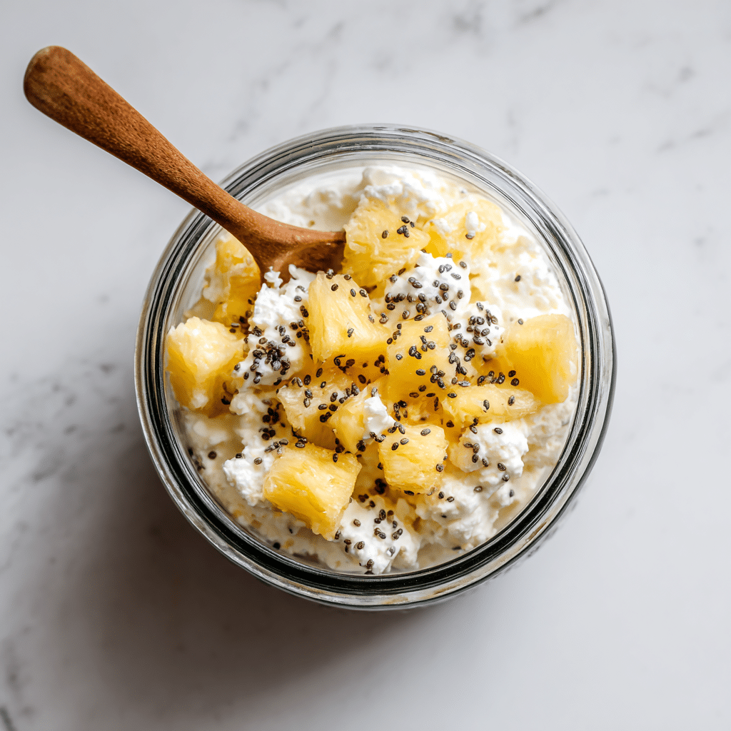 mixing cottage cheese with pineapple and chia seeds