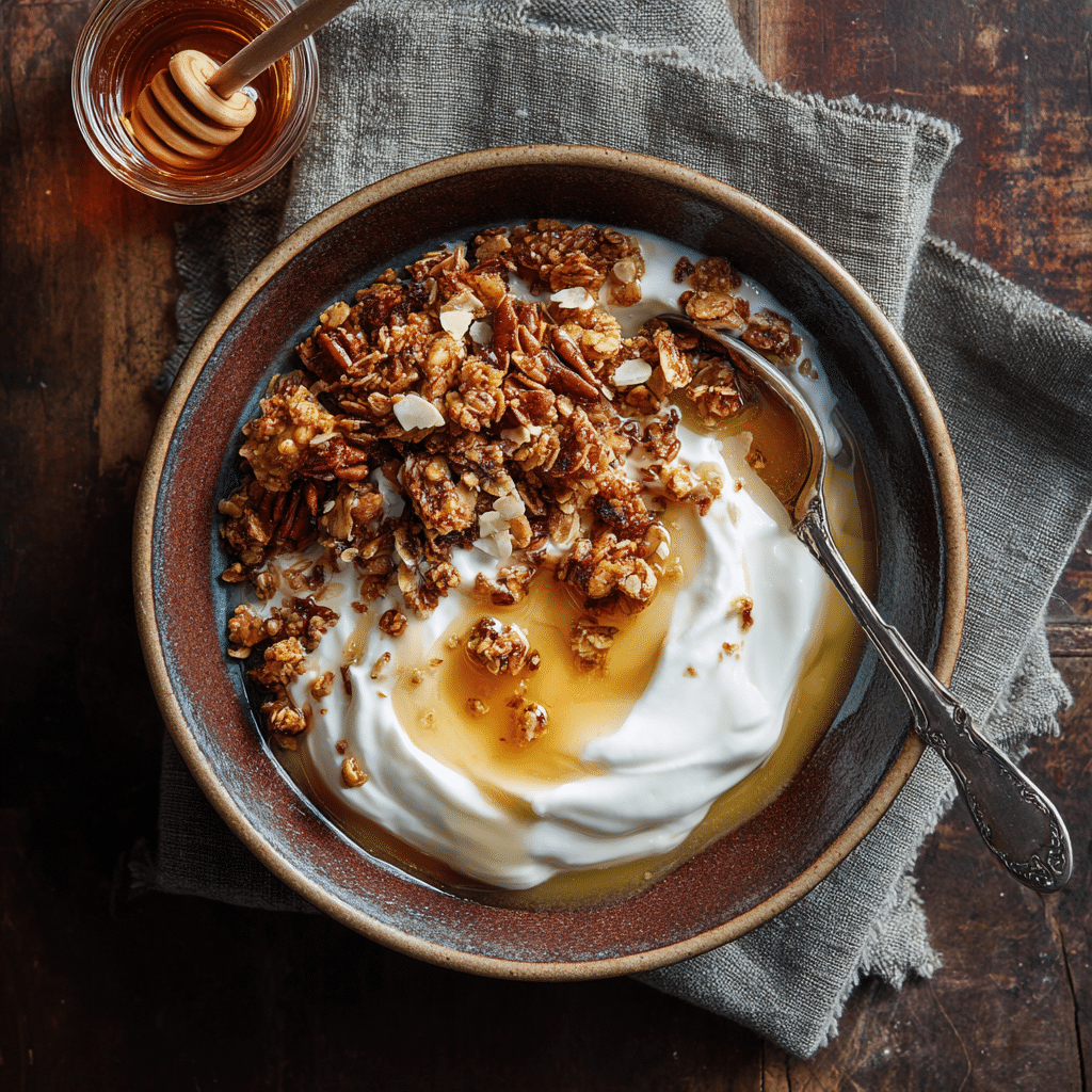 Bowl of Greek yogurt with gluten free granola and honey ready to eat