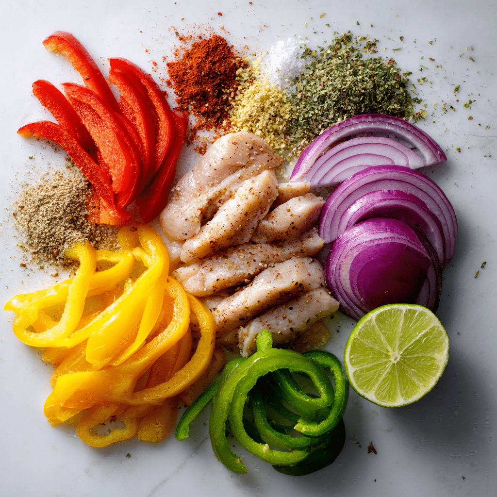 Ingredients for Quick Gluten Free Sheet Pan Fajitas on white background