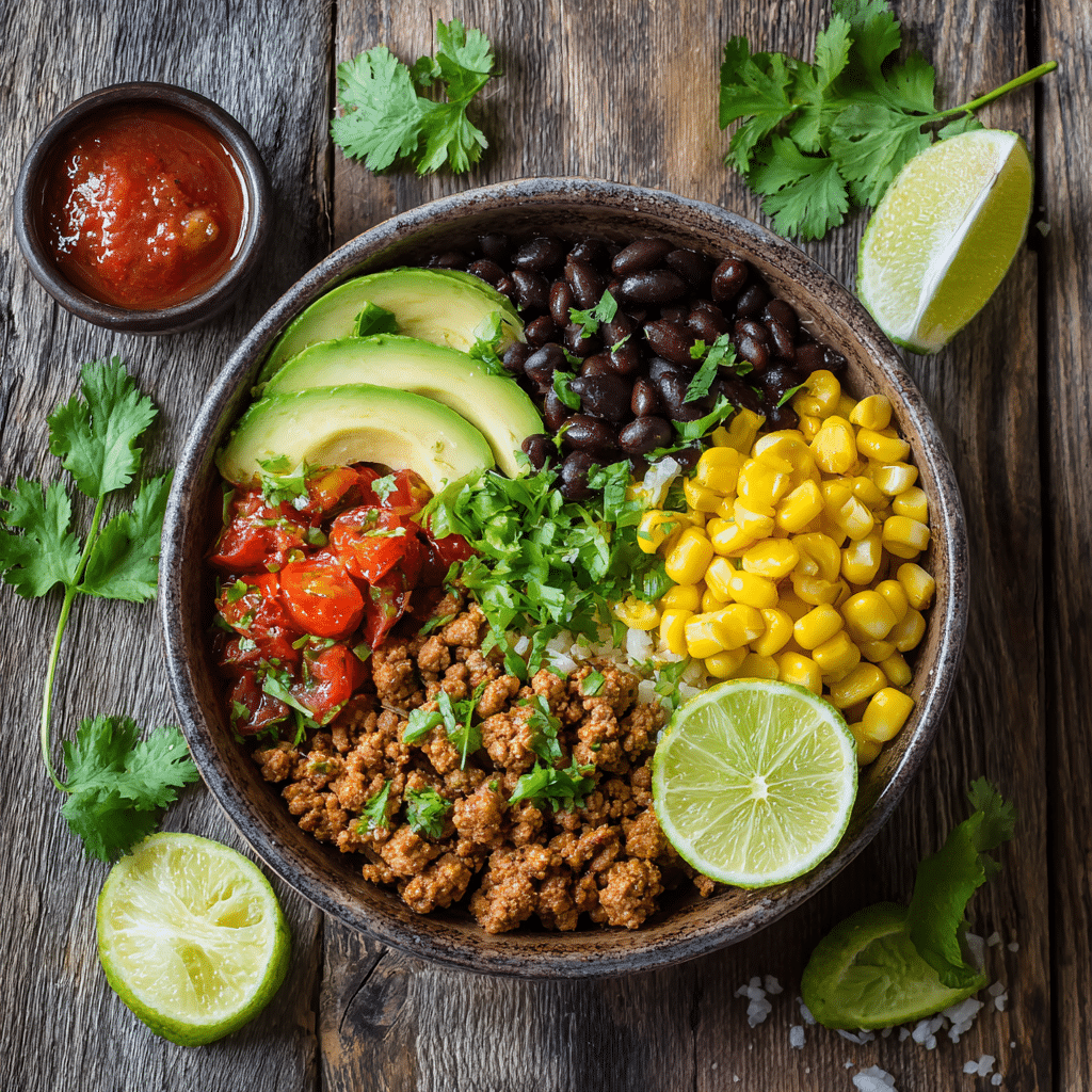 gluten-free taco bowl with ground turkey and toppings