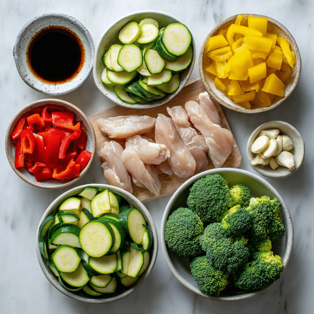 Gluten free chicken stir fry ingredients on counter