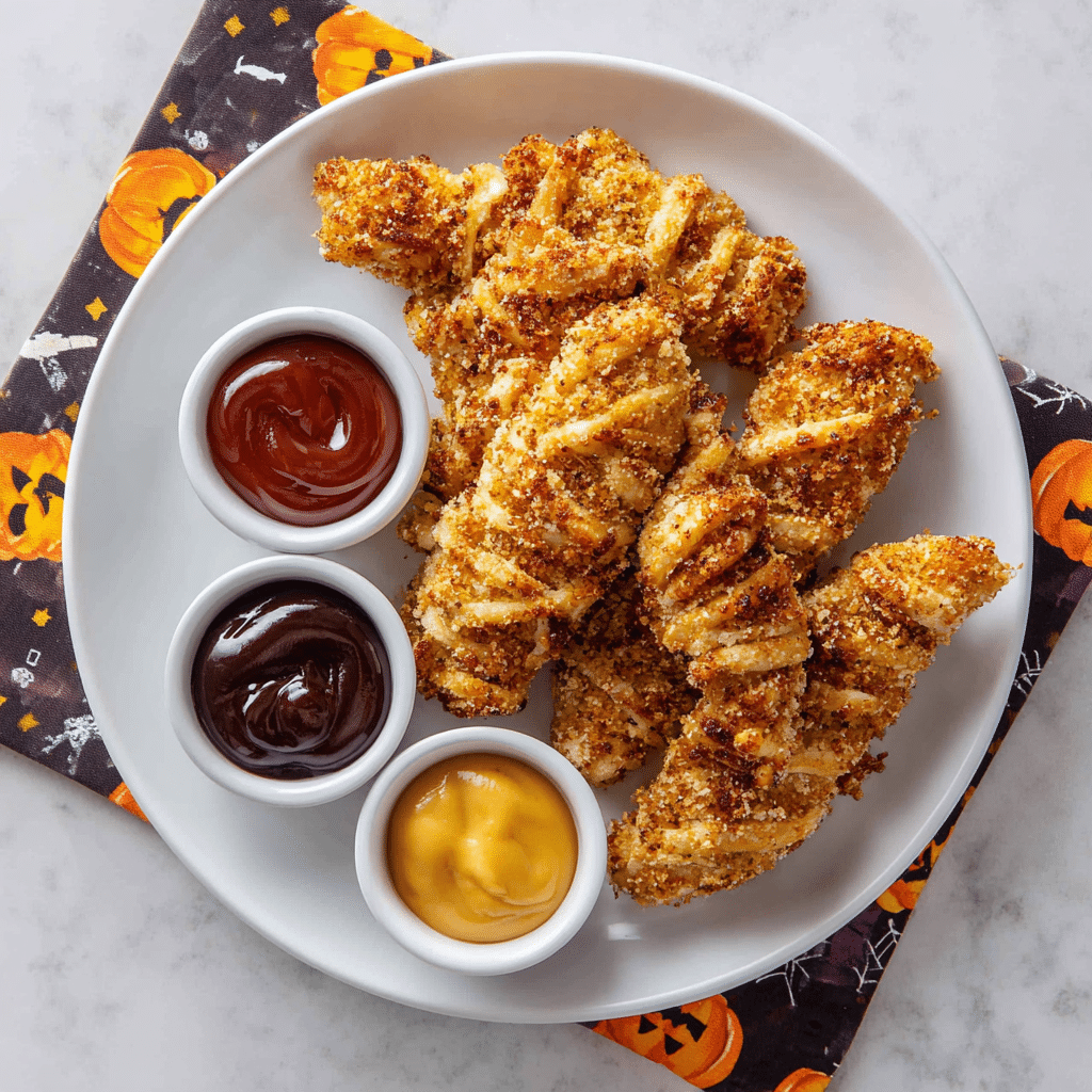 Served mummy chicken tenders with dipping sauces