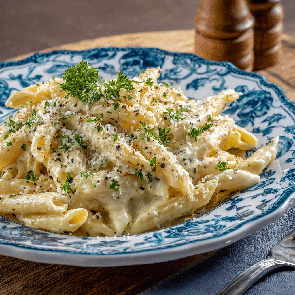 Served cottage cheese Alfredo pasta