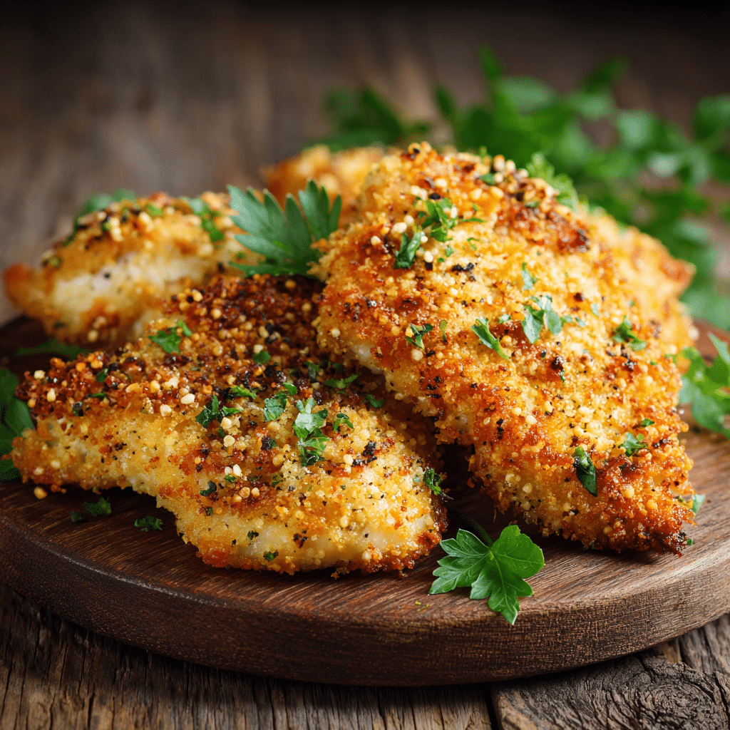 A golden, crispy gluten-free version of parmesan crusted chicken.