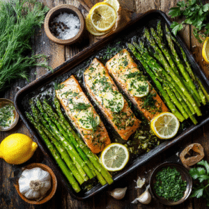 One-pan lemon herb salmon with asparagus on baking tray