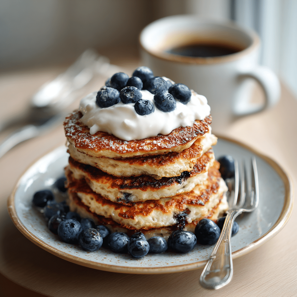 Gluten free protein pancakes served with fresh berries and yogurt