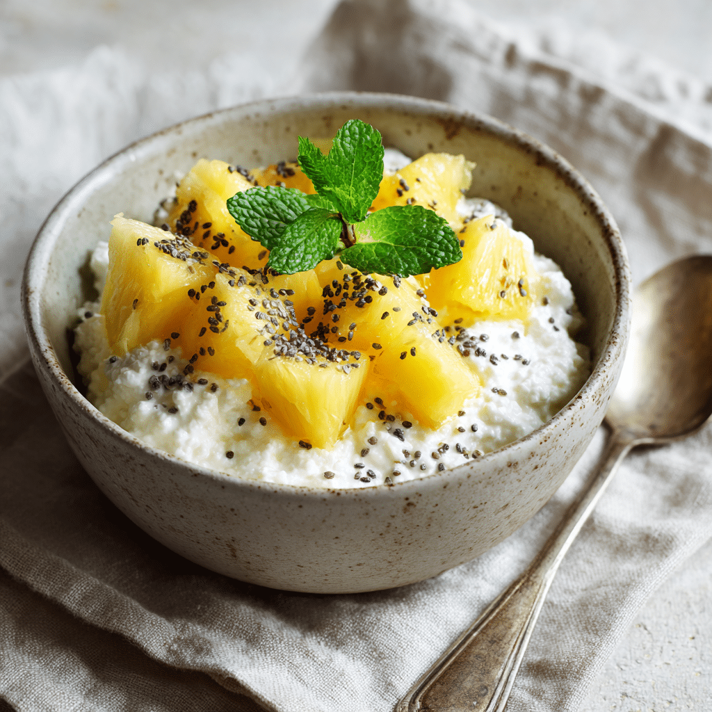 served cottage cheese with pineapple and chia