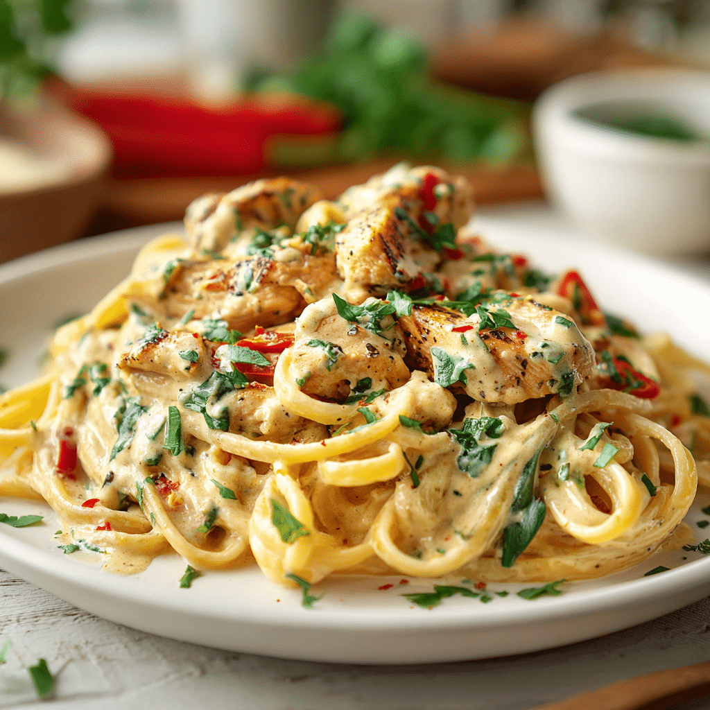 Served Cashew Cream Cajun Chicken Pasta – Dairy Free on white plate