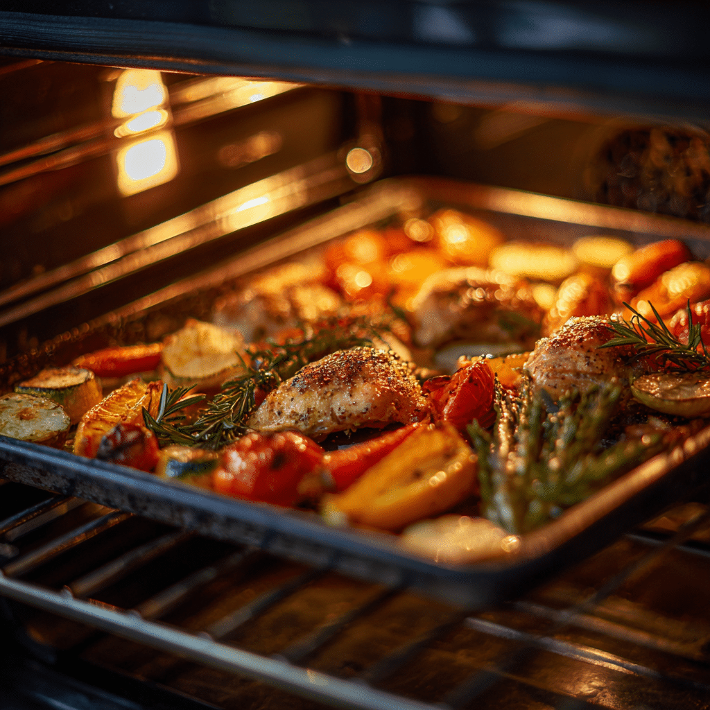 Sheet pan chicken fajitas roasting in oven