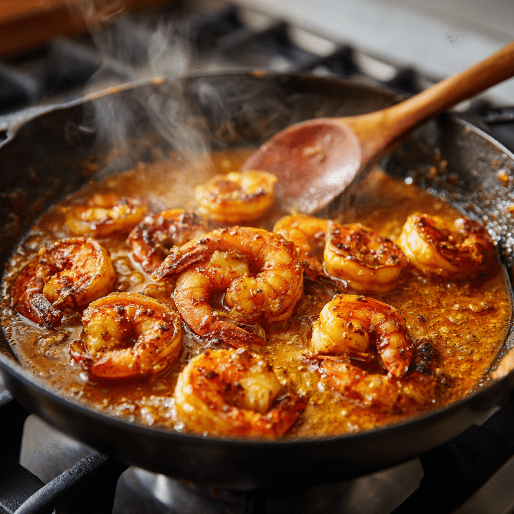Cooking Thai shrimp in coconut curry sauce