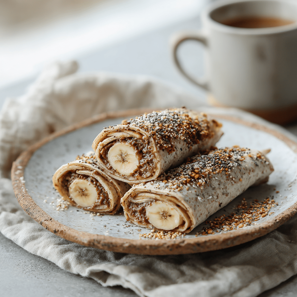 Gluten free banana almond butter wrap on white plate in bright light