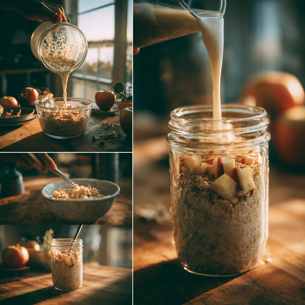 Stirring ingredients for gluten free apple cinnamon overnight oats in a jar