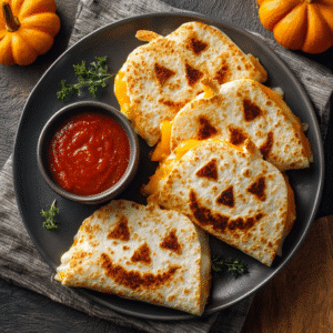 Jack O’ Lantern quesadillas with crispy golden tortillas shaped like pumpkins