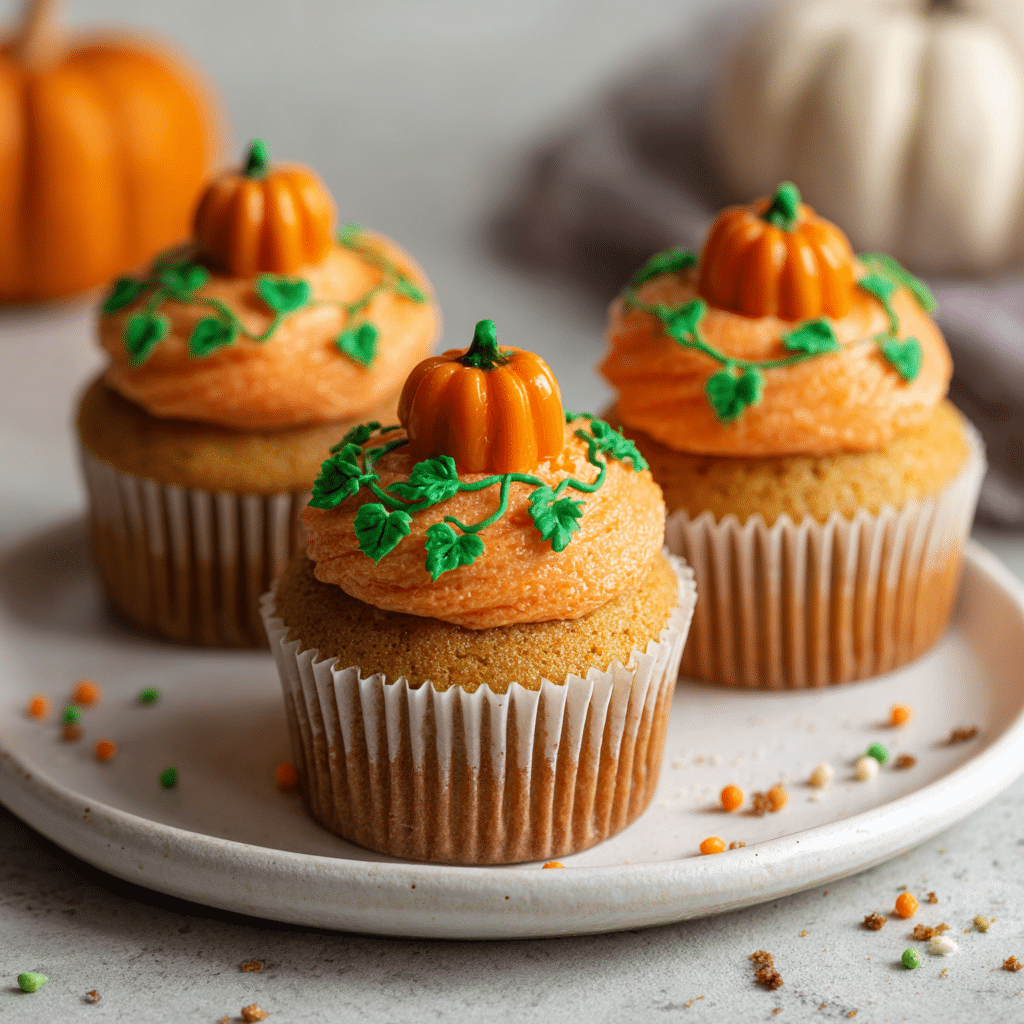 Decorated Pumpkin Patch Cupcakes on a white plate