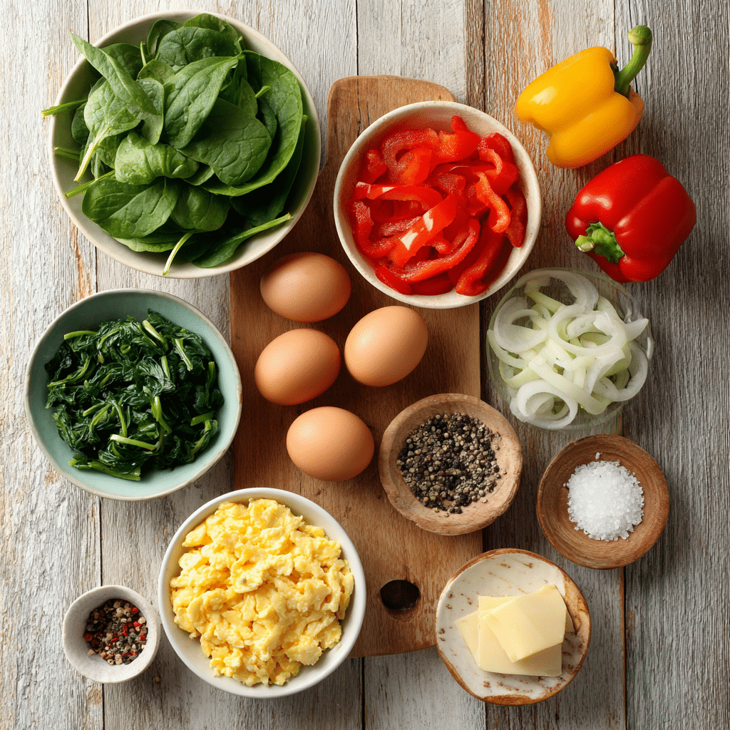 Ingredients for microwave gluten free scrambled eggs with veggies