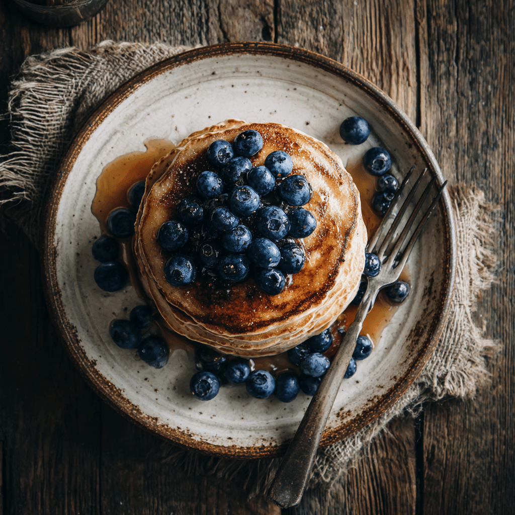 Gluten free buckwheat pancakes with blueberries and syrup
