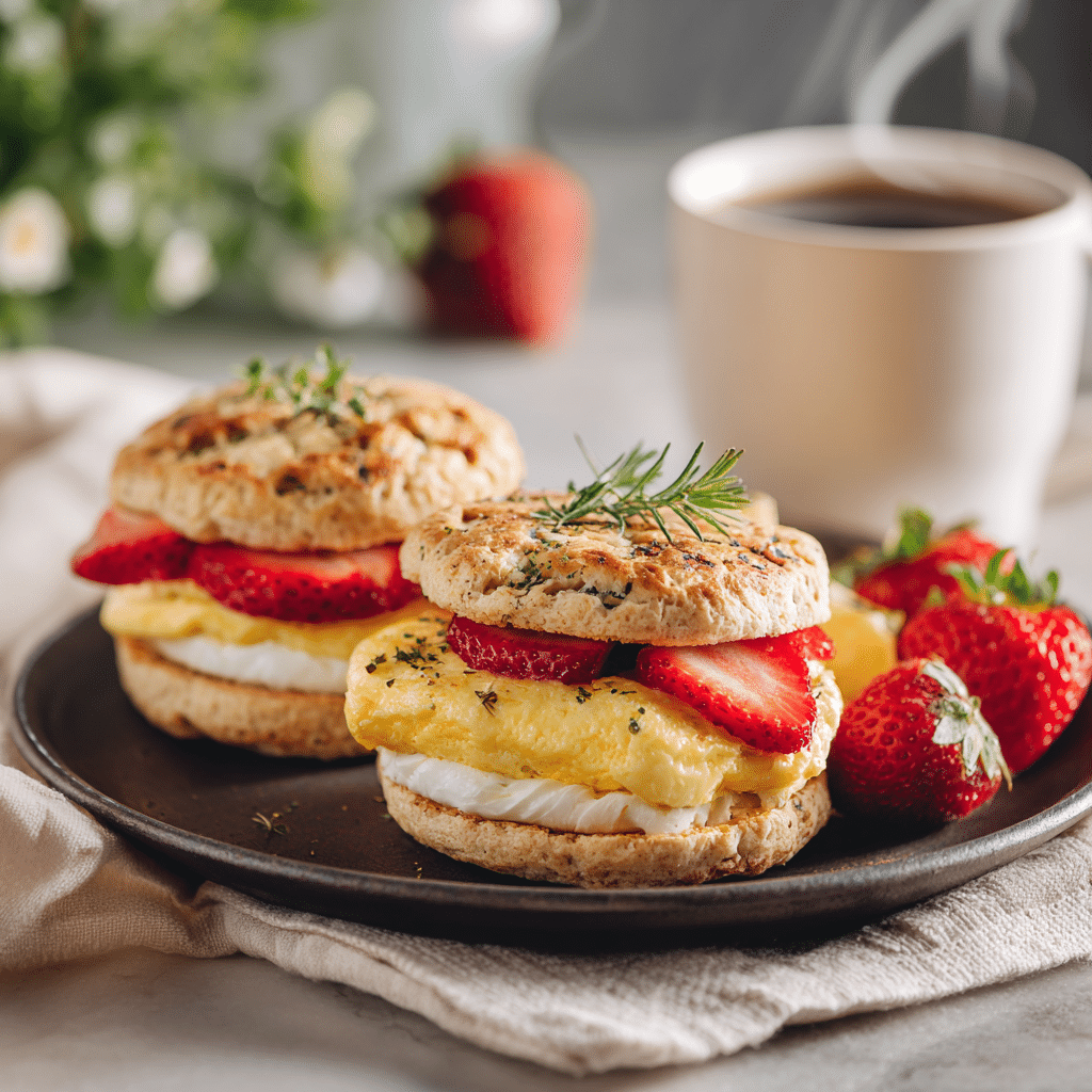 Served gluten free egg and cheese breakfast sandwiches with fruit