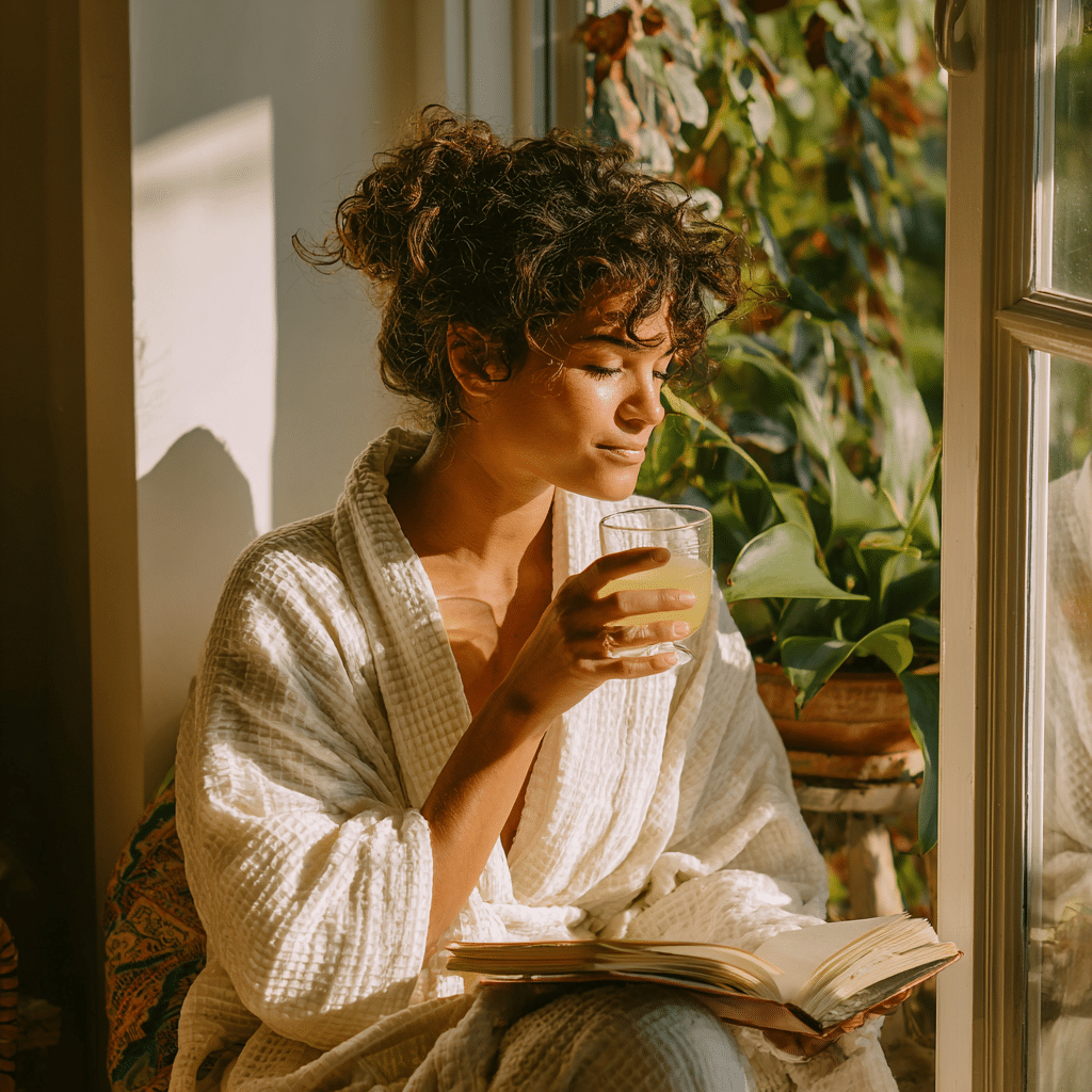 Woman drinking harmonia cortisol cocktail in morning