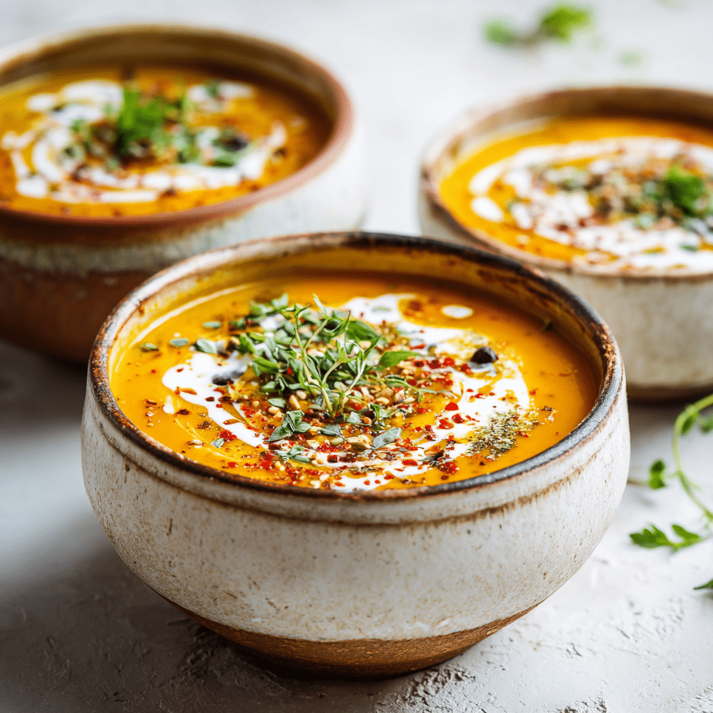 Pumpkin soup with spiderweb cream served in small ceramic bowls