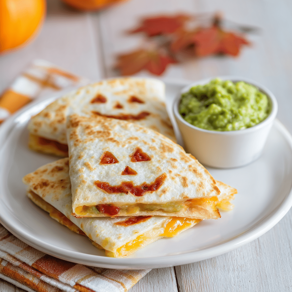 Jack O’ Lantern quesadillas served with guacamole and salsa on a white plate