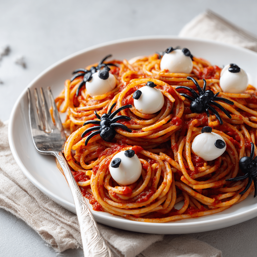 Served plate of Creepy Crawly Pasta with decorative toppings