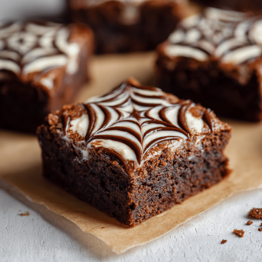 Spiderweb Brownies with cream cheese topping on parchment