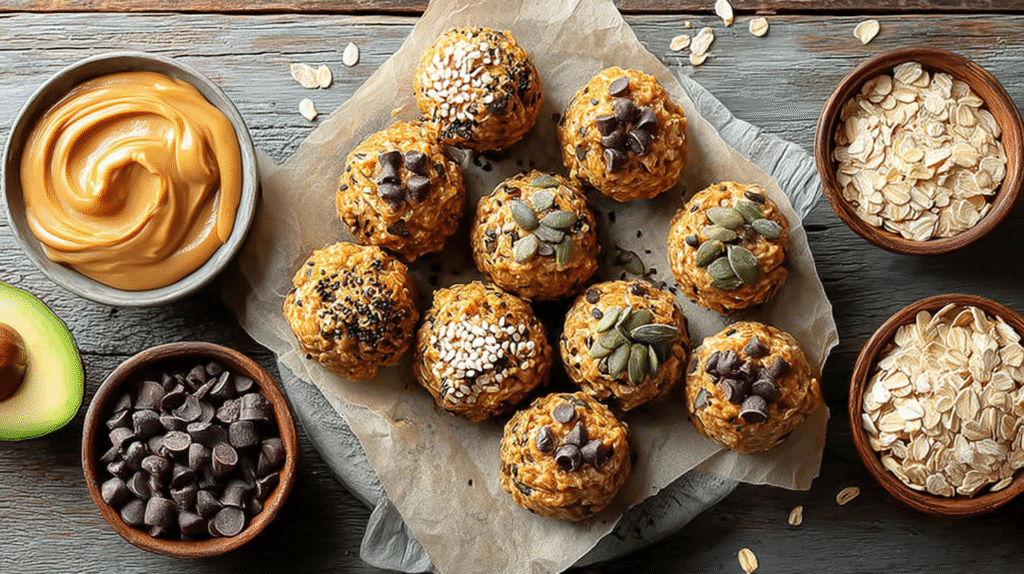 No-bake energy bites made with oats, peanut butter, chocolate chips, and seeds on parchment paper surrounded by ingredients
