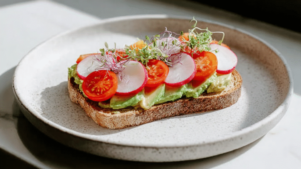 Fresh avocado toast topped with cherry tomatoes, radish slices, and microgreens on a ceramic plate