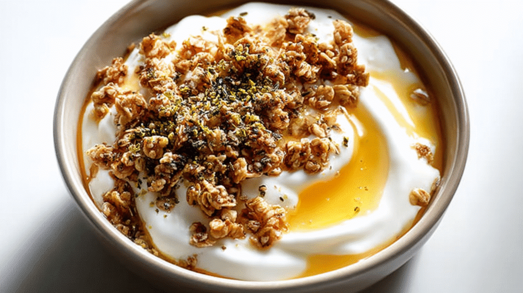 Creamy yogurt bowl topped with golden honey, crunchy granola, and a sprinkle of seeds