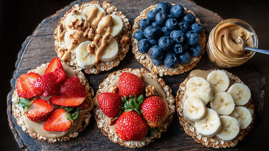 Oatmeal breakfast cups filled with peanut butter and topped with bananas, strawberries, blueberries, and walnuts