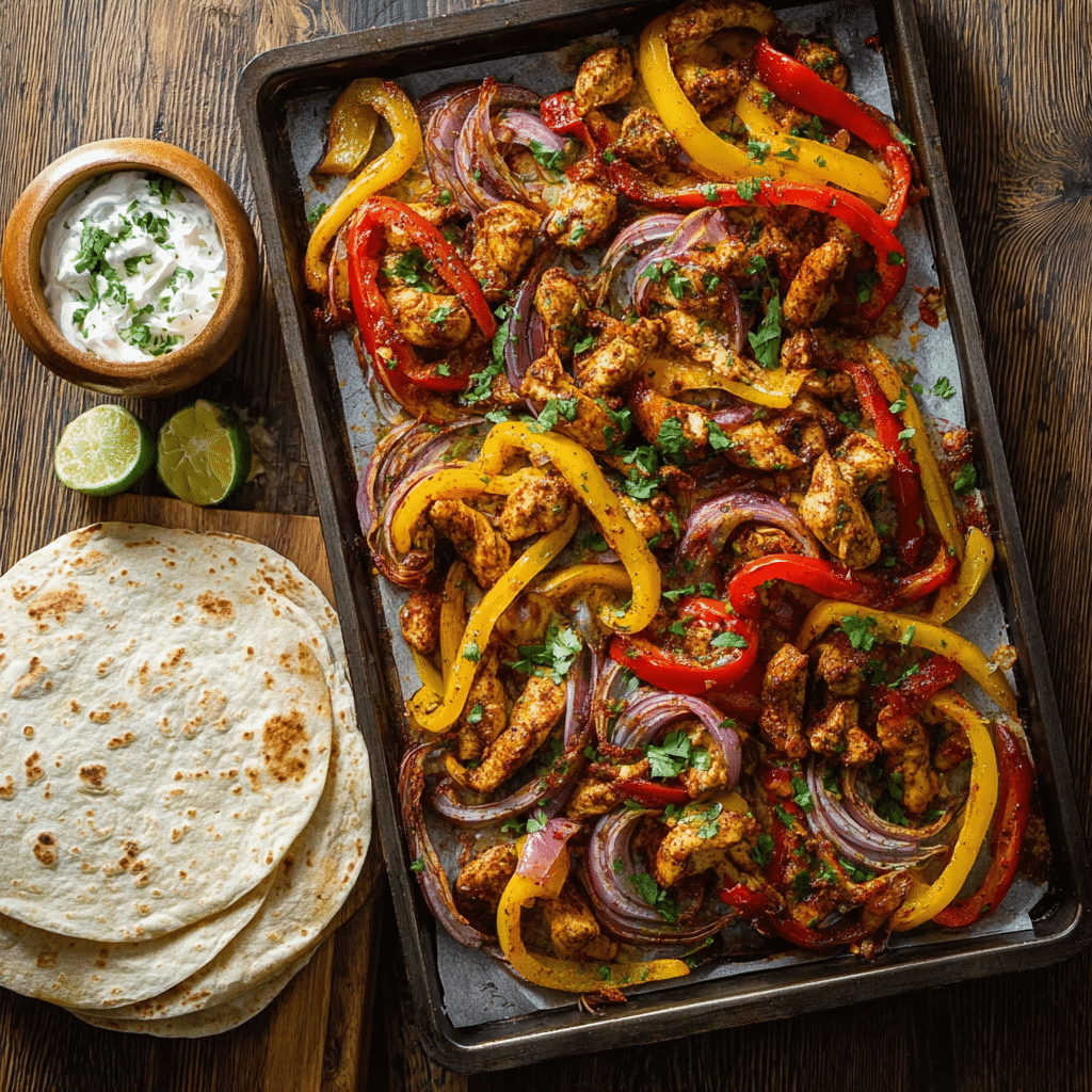 Sheet pan chicken fajitas with bell peppers and red onions, served with warm tortillas, lime, and a bowl of sour cream
