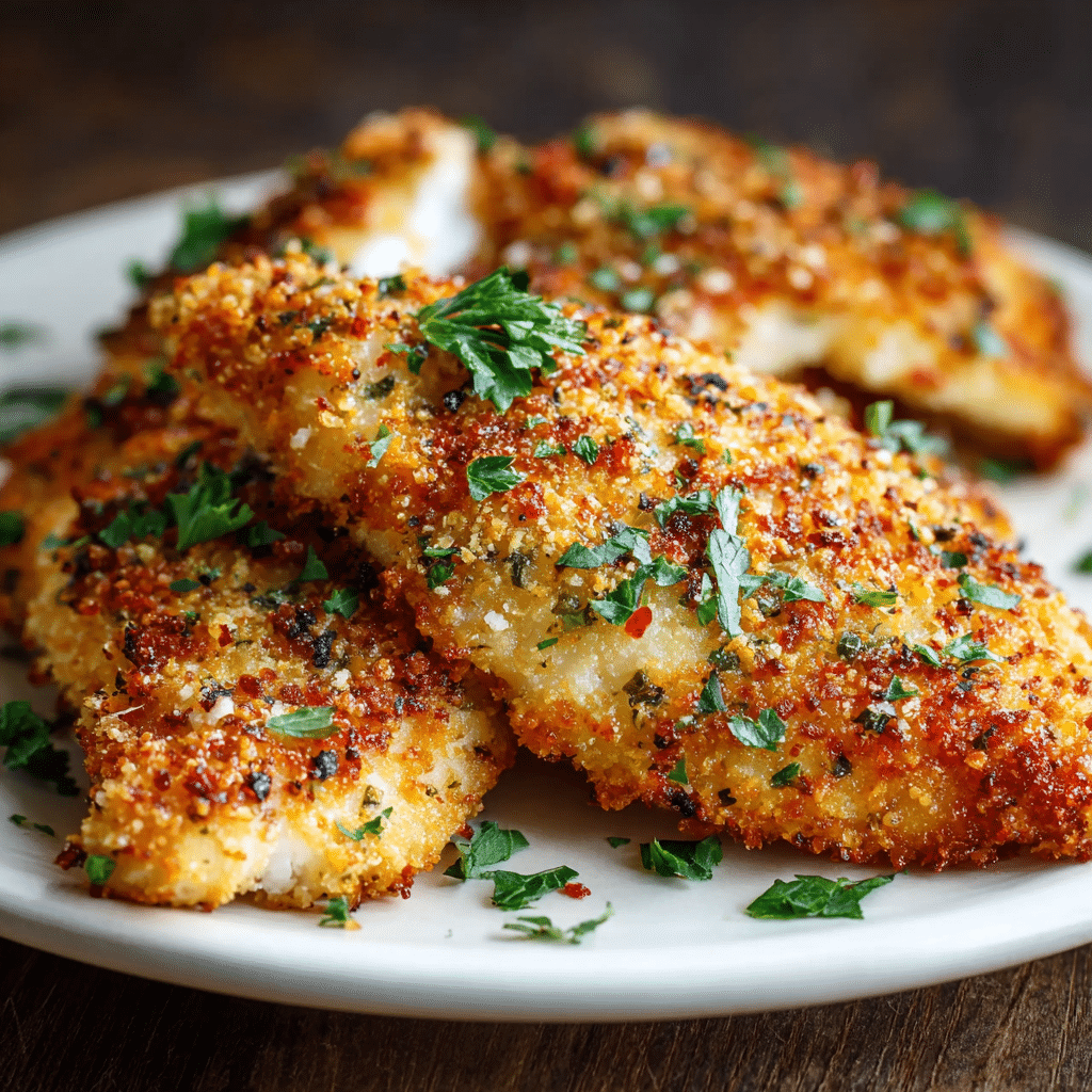Golden crispy breaded chicken cutlets garnished with fresh parsley on a white plate.