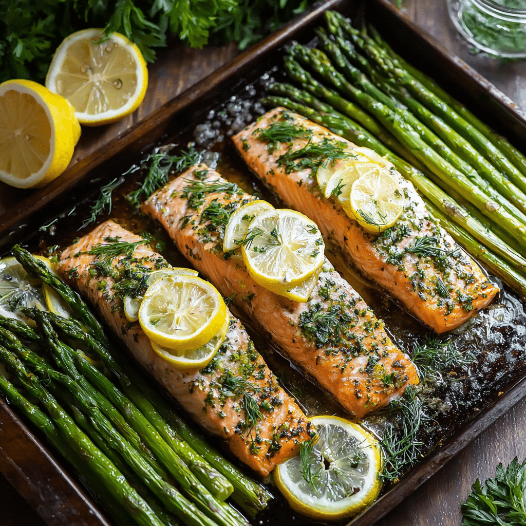 Oven-baked salmon fillets topped with fresh lemon slices and herbs, served with roasted asparagus on a sheet pan