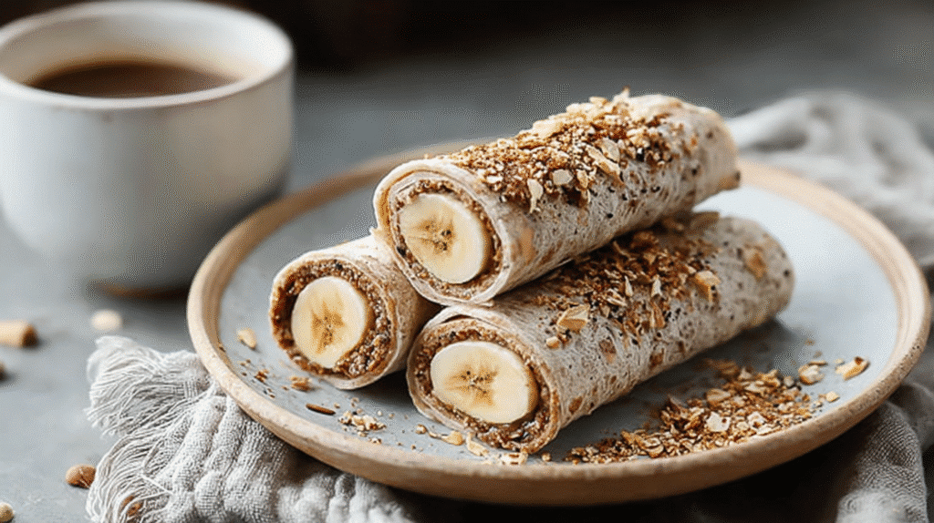 Banana wraps with nut butter and oats on a ceramic plate served with a cup of coffee