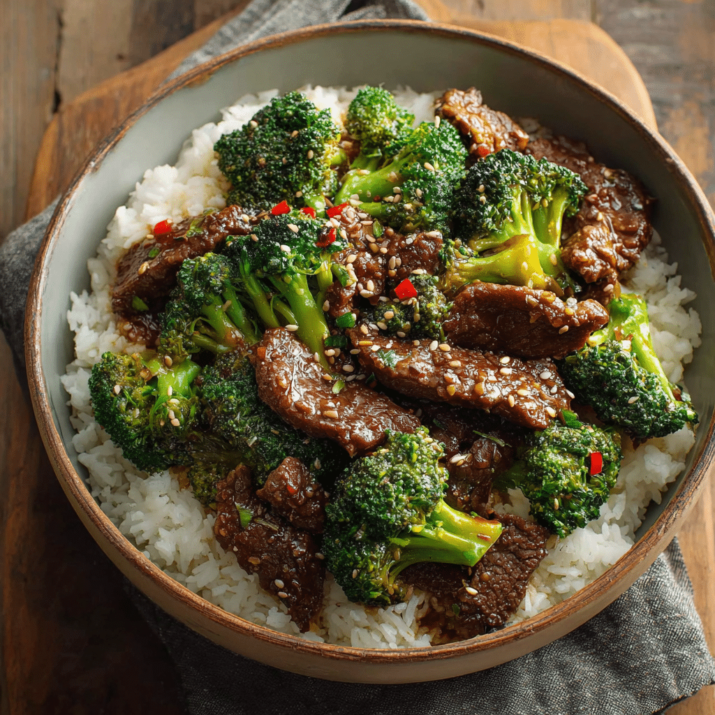 Beef and broccoli stir-fry served over steamed white rice, topped with sesame seeds and red chili flakes.