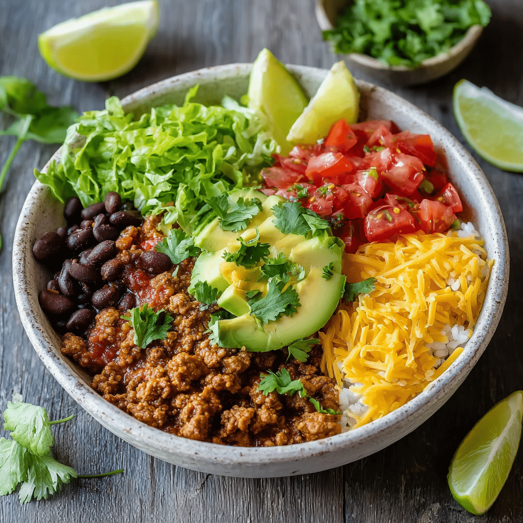 Burrito bowl with seasoned ground beef, black beans, shredded lettuce, fresh tomatoes, avocado slices, shredded cheese, and lime wedges.