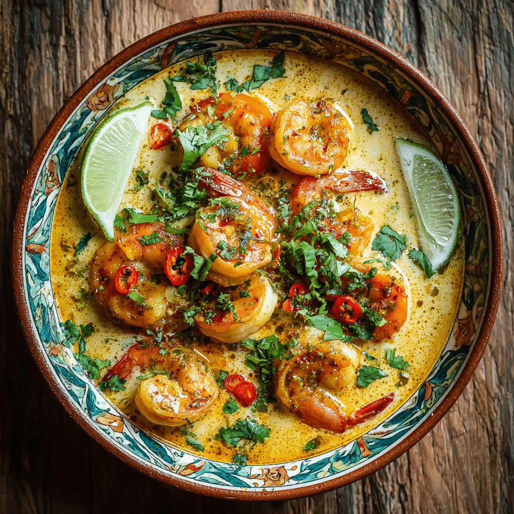 Creamy shrimp curry with cilantro, red chili slices, and lime wedges served in a decorative bowl.