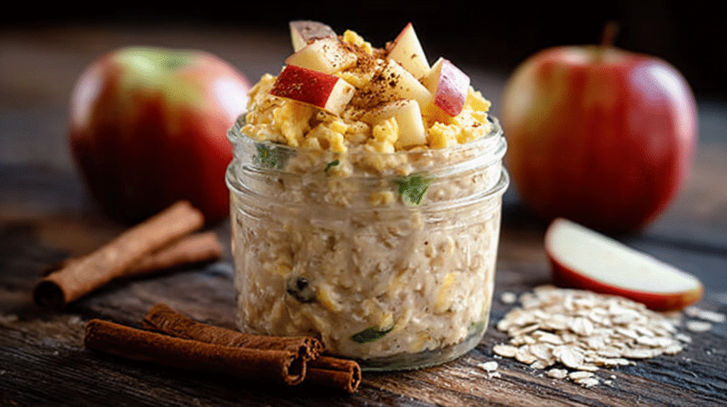 Overnight oats in a glass jar topped with fresh apple chunks and sprinkled with cinnamon sticks on a rustic wooden table
